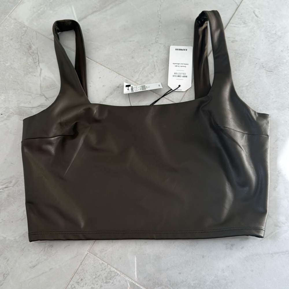 Express body contour olive green leather crop top